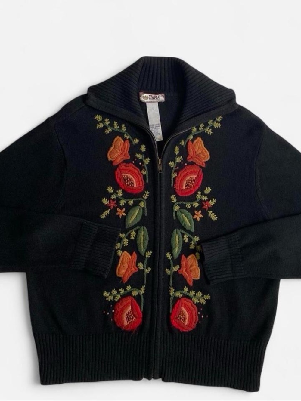 Vintage black embroidered floral zip front cardigan